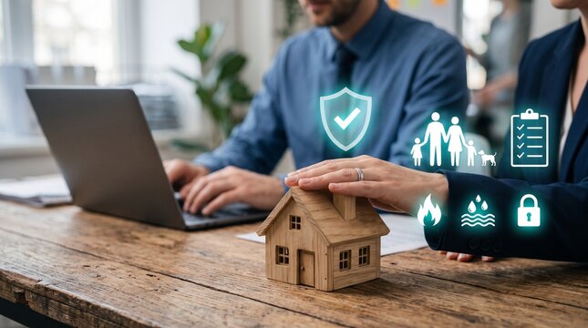 An insurance agent presents home insurance, property protection, family security, risk management, disaster coverage, fire protection, flood insurance, and asset protection for safer homeownership.