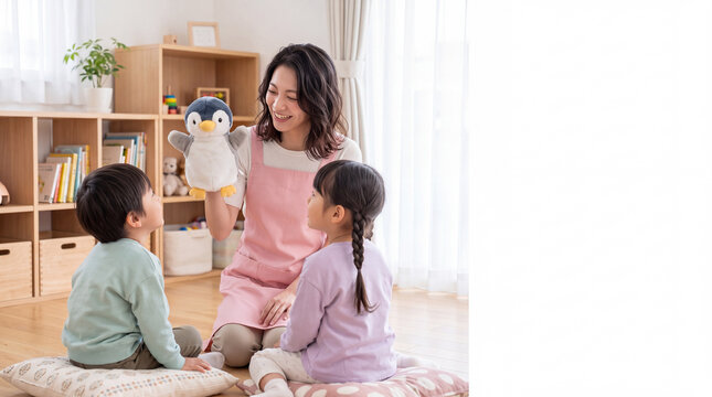 幼児と人形劇で遊ぶ女性教師の楽しそうな様子の室内シーン　子ども教育とコミュニケーションイメージ