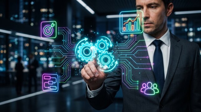 Business analyst managing process automation and digital transformation with smart workflow optimization, data analytics, operational management, system integration, and technology strategy.