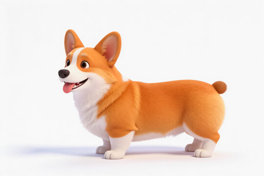 A stylized 3D cartoon corgi dog, a domestic pet, standing on a plain white background, looking cheerful.