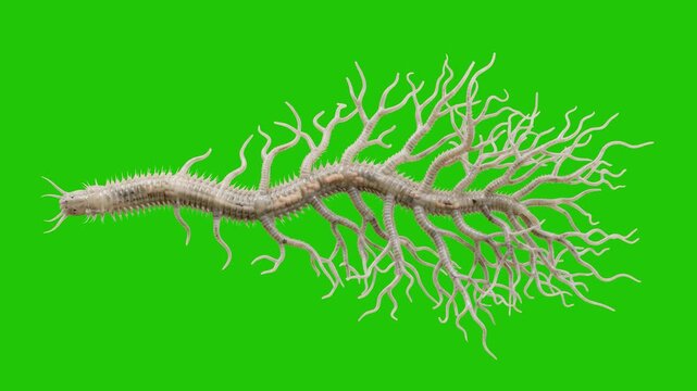 Detailed 3D model of a parasitic nematode worm or hookworm with branching features over a chroma key green background. Excellent for medical parasitology, biology educational promos, infection treatme