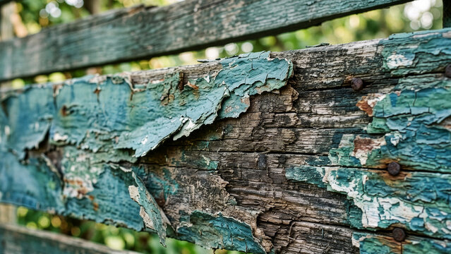 Weathered wooden board with peeling teal green paint and rusty nails