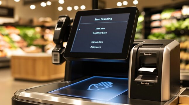 Checkout kiosk terminal for retail grocery store scanning and digital payment technology system