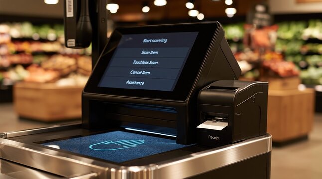 Checkout terminal with digital scanner for automated payment in a modern super market grocery store