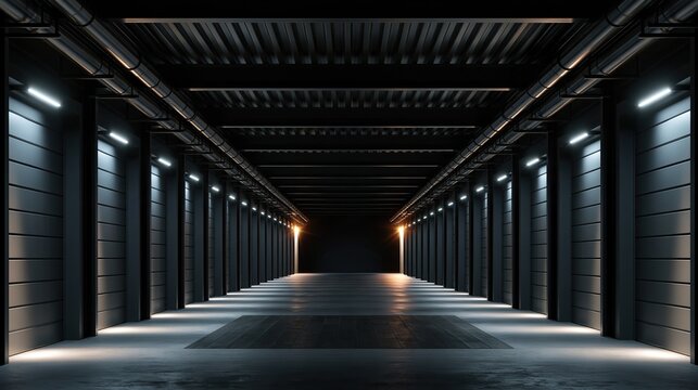 Empty dark modern symmetrical industrial interior hallway with exposed ceiling pipes and linear lighting leading to dark exit with warm golden glow