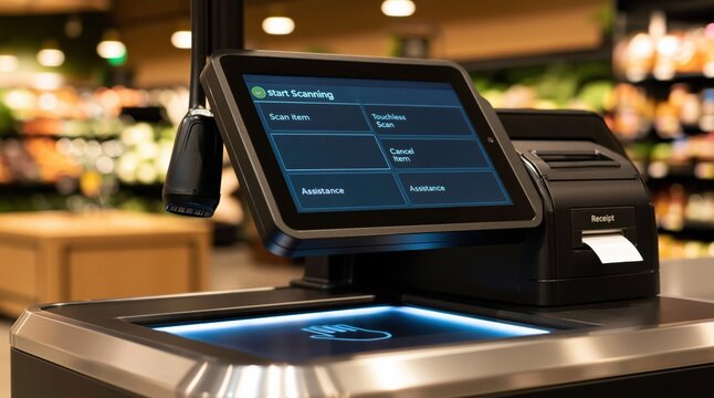 Checkout terminal for digital payment and automated scanning in a modern retail grocery store