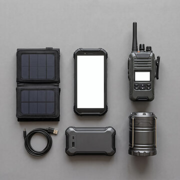 portable hiking equipment kit with walkie talkie rugged smartphone solar panel powerbank lantern cable flat lay
