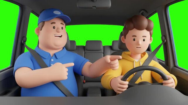 A 3D animated driving instructor pointing direction to a young driver holding the steering wheel inside a car with a green screen background. Great for driving school promos, traffic rules guides, roa