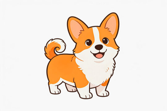 A cute cartoon illustration of a happy corgi puppy with orange and white fur, standing against a plain white background.