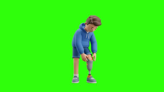 Cute 3D animated man bending down to adjust his prosthetic leg over a chroma key green background. Perfect for orthotics and prosthetics clinic ads, amputee rehabilitation promos, medical device maint