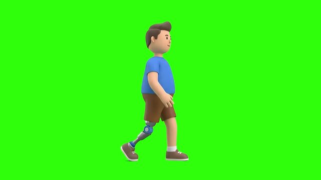 Cute 3D animated man with a prosthetic leg prosthesis walking in profile side view over a chroma key green background. Excellent for bionics and orthotics promos, amputee rehabilitation care, prosthet