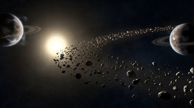 Stunning cosmic scene featuring an astroid belt orbiting a star with distant exoplanets and glowing space debris