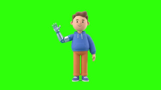 Cute 3D animated man with a prosthetic bionic arm waving hello over a chroma key green background. Ideal for bionics and orthotics promos, amputee inclusion ads, disability awareness, robotic arm tech