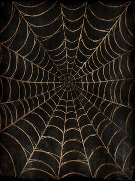 Hand drawn golden centered spider web pattern on textured dark black vintage background for spooky atmospheric Halloween decorative backdrop
