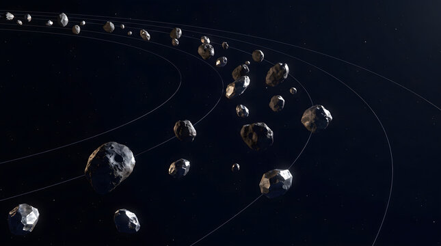 Stunning cosmic view of an astroid belt with rocky space debris orbiting in deep dark space with glowing lines