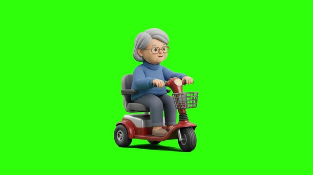 Cute 3D animated senior woman driving a red electric mobility scooter with front basket over a chroma key green background. Excellent for mobility equipment ads, senior care promos, nursing home assis
