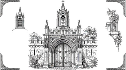 Fototapeta premium Gothic Castle Gatehouse Architectural Illustration