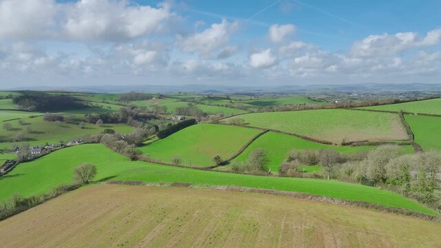 Fields and Farmlands at spring from a drone, Devon, England, United Kingdom