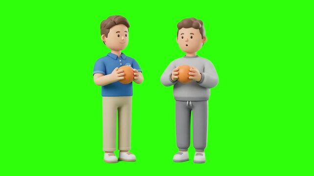 Cute 3D animated two young men squeezing sensory stress relief balls for hand therapy over a chroma key green background. Excellent for stress management ads, hand rehabilitation promos, sensory thera
