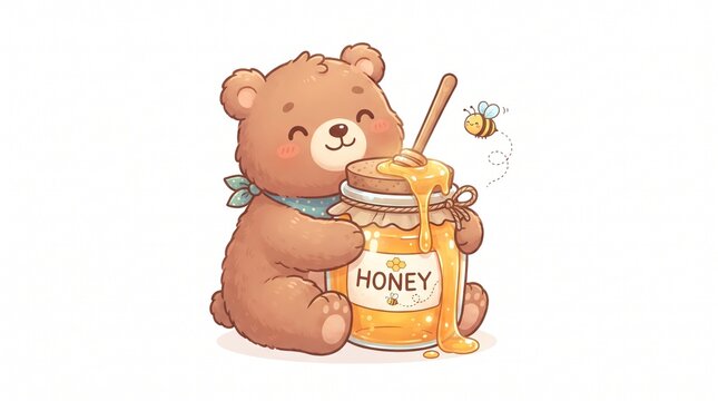 ute brown bear hugging a jar of honey with a little bee illustration