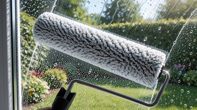 Worker uses soapy foam roller to clean glass window pane. Person performs pro window washing service with cleaning tool. Water drops, soap bubbles on surface during domestic housekeeping task