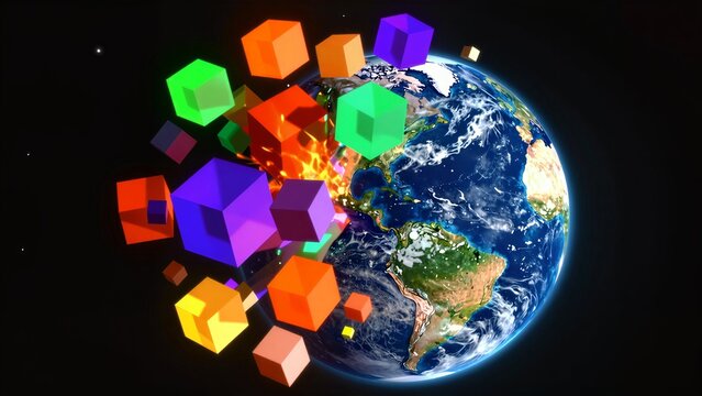 Vibrant cubes explode around Earth, symbolizing digital innovation and global connectivity.