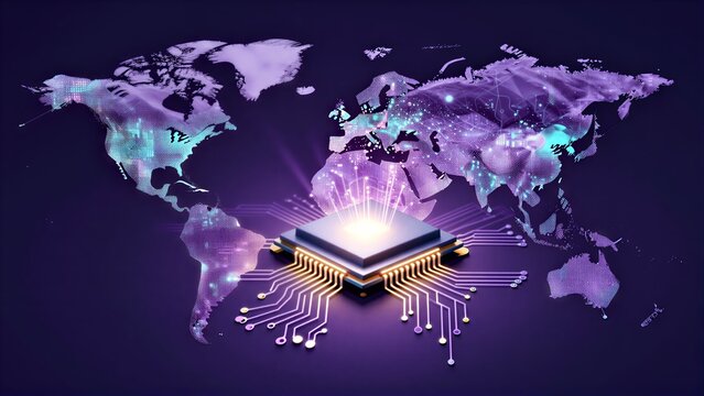 Global tech connectivity: chip powers worldwide digital network with glowing circuitry.
