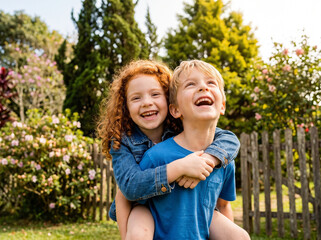 Fototapeta premium Happy young blonde boy giving his cheerful curly red-haired sister a piggyback ride in a sunny backyard garden, laughing together with pure joy during a bright summer day of playful childhood fun.