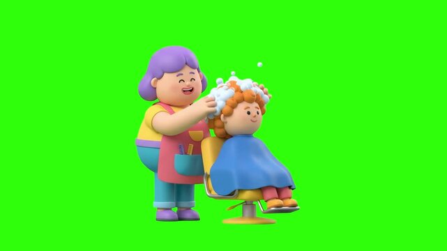 Cute 3D animated hairdresser washing female customer hair with shampoo foam sitting in a salon chair over a chroma key green background. Perfect for beauty salon ads, hair washing promos, shampoo prod