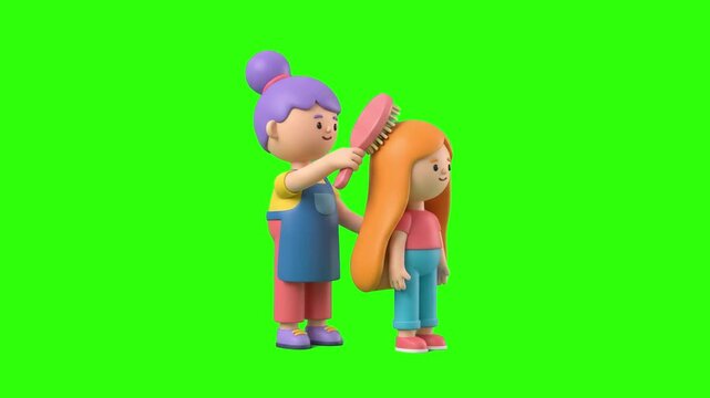 A 3D animated stylist gently brushing long ginger hair with a hairbrush on a chroma key green background. Suitable for hair care commercials, salon promos, hair brushing guides, and motion graphic ove