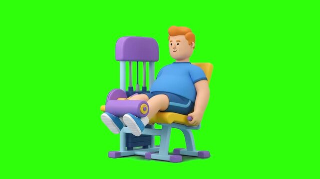 A 3D animated man exercising on a leg extension machine for quadriceps training on a chroma key green background. Great for gym commercials, strength workout videos, body transformation guides, and mo