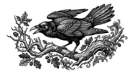 Fototapeta premium Detailed illustration of a crow perched on a thorny branch