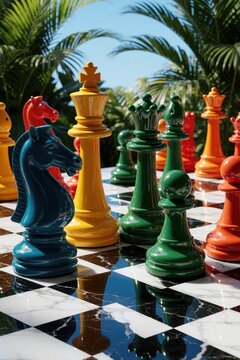 Colorful chess pieces stand on marble checkered board in garden. Large bright king, queen, knight, pawn figures play strategic game outdoors. Vibrant luxury chess set with glossy finish sits among