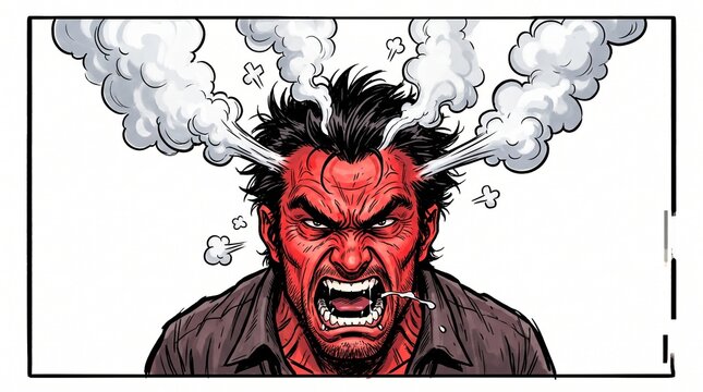 Illustration of an angry man with red skin and steam coming out of his ears.