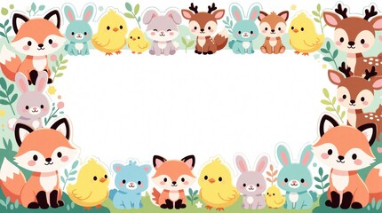 Obraz premium Cute baby woodland animals frame with fox, bunny, deer, chicks. Adorable forest wildlife border on pastel background. Empty white copy space for nursery poster, baby shower invitation kids birthday