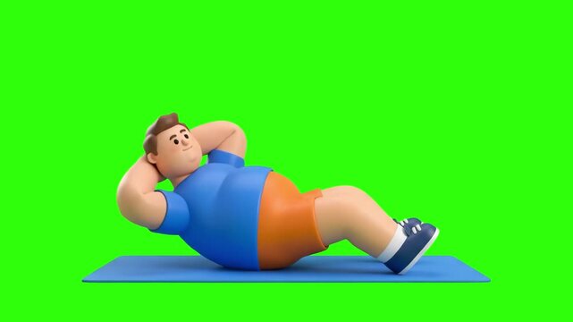 Cute 3D animated man lying on a yoga mat doing abdominal crunches and sit-up exercise over a chroma key green background. Ideal for core workout guides, home fitness app ads, weight loss campaigns, ab