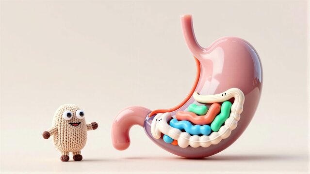 Knitted friend stands beside colorful, cartoonish digestive tract model.