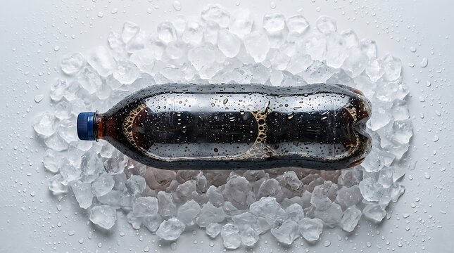 A refreshing 2 liter soda bottle lying horizontally on a bed of cold ice cubes with glistening water droplets