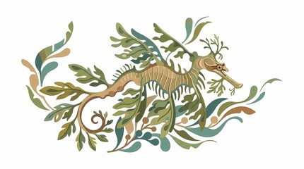 Fototapeta premium Watercolor illustration of a leafy seadragon surrounded by decorative aquatic flora.