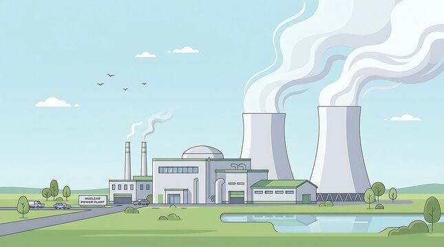 Modern Nuclear Power Plant Facility with Cooling Towers Emitting Steam Flat Vector Illustration