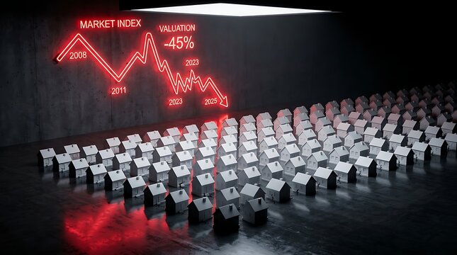 Global Real Estate Market Crash and Valuation Drop Illustrated by Red Neon Chart and House Models