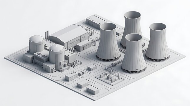 Isometric 3D model of a nuclear power plant with cooling towers and reactors on white background