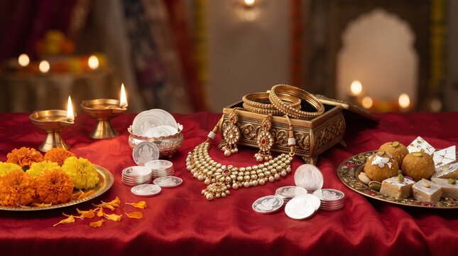 Silver coins and gold jewelry with indian sweets on red fabric for dhanteras diwali ritual art.