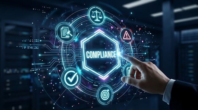 Business Compliance and Regulatory Requirements Concept with Hand Touching Digital Interface Screen