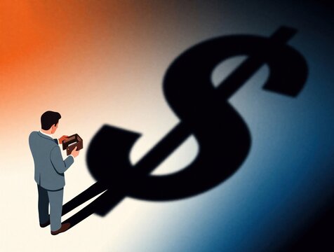 Businessman holds empty wallet looking at giant dollar sign shadow. Concept of global inflation, financial crisis, rising cost of living. Man feels economic pressure, debt under huge currency symbol