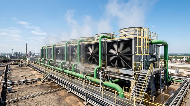 Industrial cooling tower system with large fans and green pipes at a factory plant under blue sky