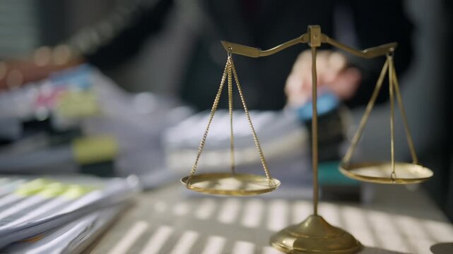 Scales of justice with extensive office documentation and stacked files, representing legal workload, case records, document management, research, compliance, judicial administration, and law services