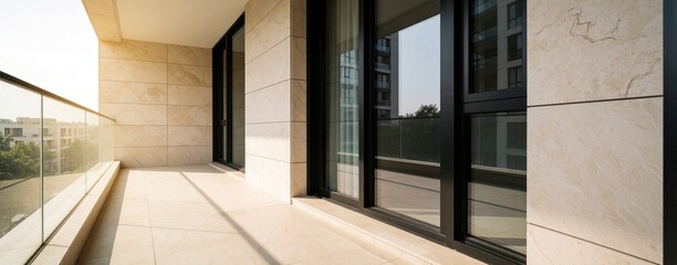 Fototapeta premium Empty modern balcony with beige stone tiles, black window frames. Small terrace in luxury apartment building offers city view. Minimalist exterior space with copy space for text. Contemporary