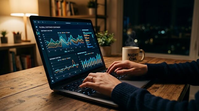 Person working late at night on a laptop analyzing global customer sentiment data in a home office