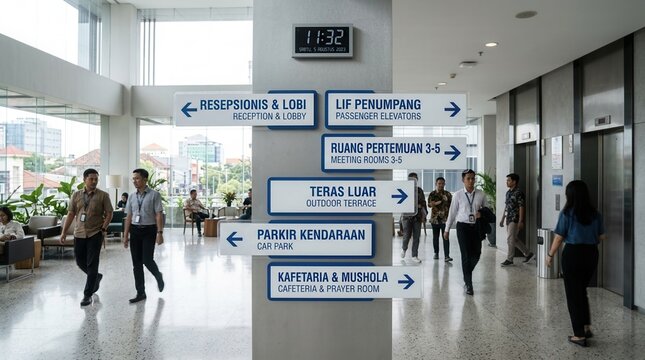 Modern Office Building Interior with Directional Signs Elevators and People Walking